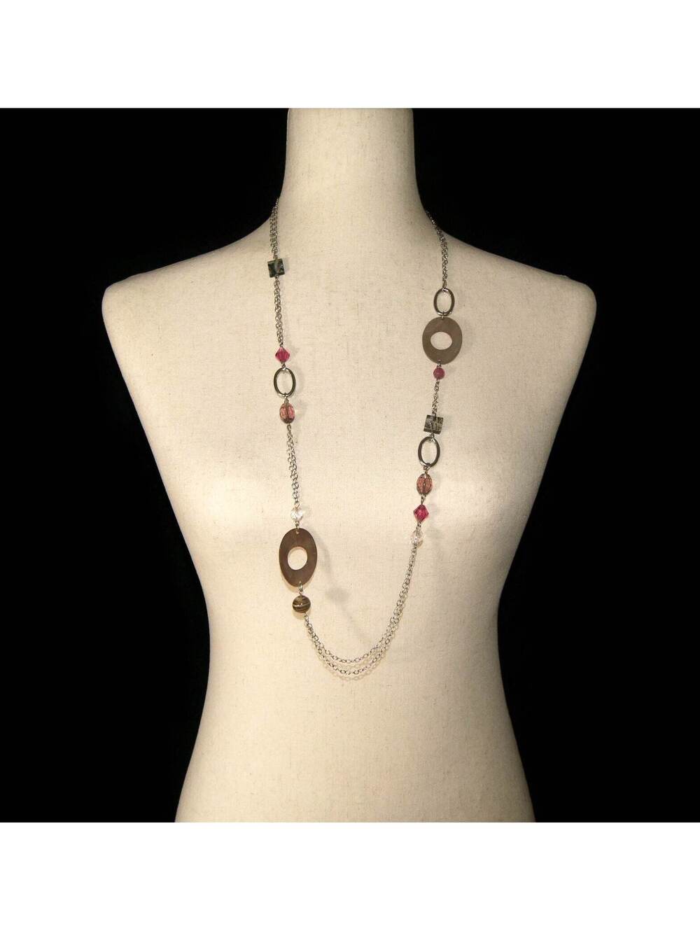 Vintage Lia Sophia Silver Tone Bead Necklace, MOP Accent, 36 Inch